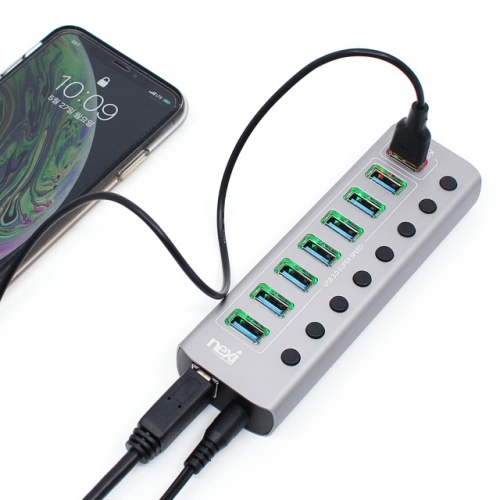 NX810 USB3.0 7포트 + 충전 1포트 + PD 1포트 유전원 허브 (NX-U1009P)