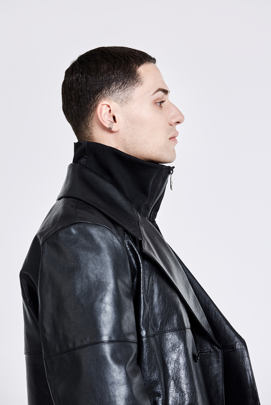 Double-breasted leather trench Jacket - Black