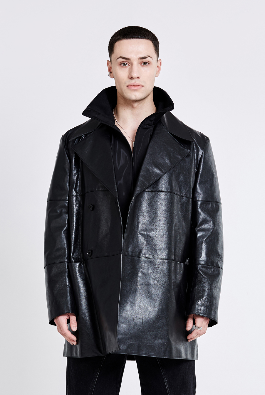 Double-breasted leather trench Jacket - Black